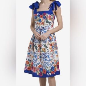 Italian tile print tie shoulder dress. Ladies sz small new with tags. Lined.